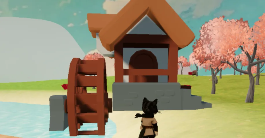 Aldea de estilo japonés con santuario y noria de agua