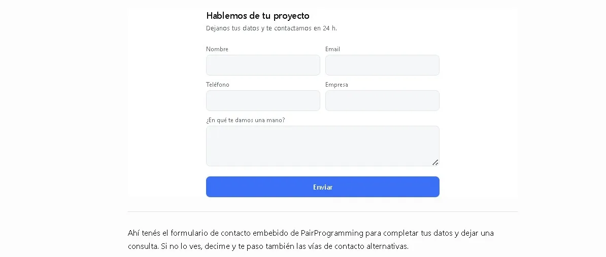 El mismo formulario de contacto embebido dentro de una conversación con ChatGPT, vía MCP Apps