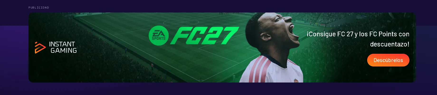 Banner dinámico de Instant Gaming en ModoJuego con la oferta del momento de EA Sports FC 27