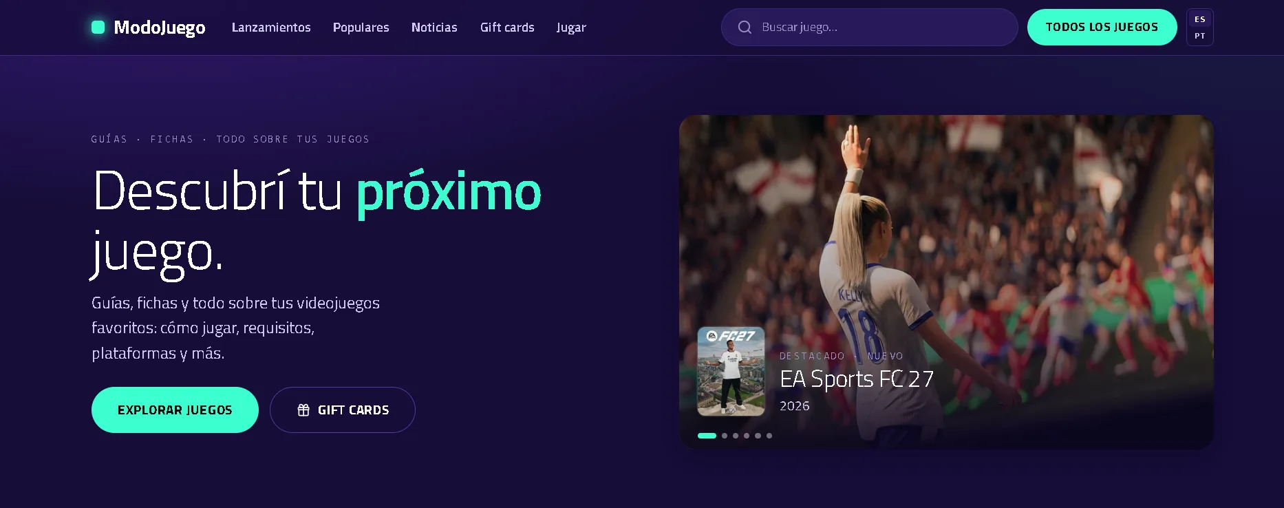 Portada de ModoJuego: el destacado rota entre los juegos populares más nuevos, acá EA Sports FC 27